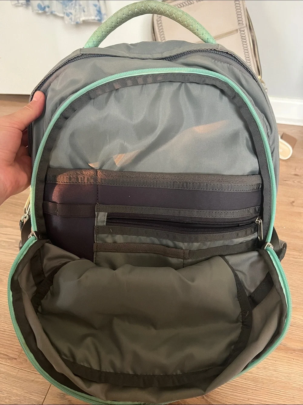 The North Face Gray Backpack with Mint Accent